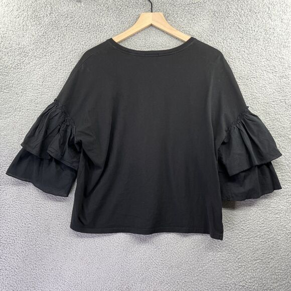 ATM Top Medium Ruffled 3/4 Sleeve Round Neck Black Jersey Blouse Career Minimal - Picture 10 of 13